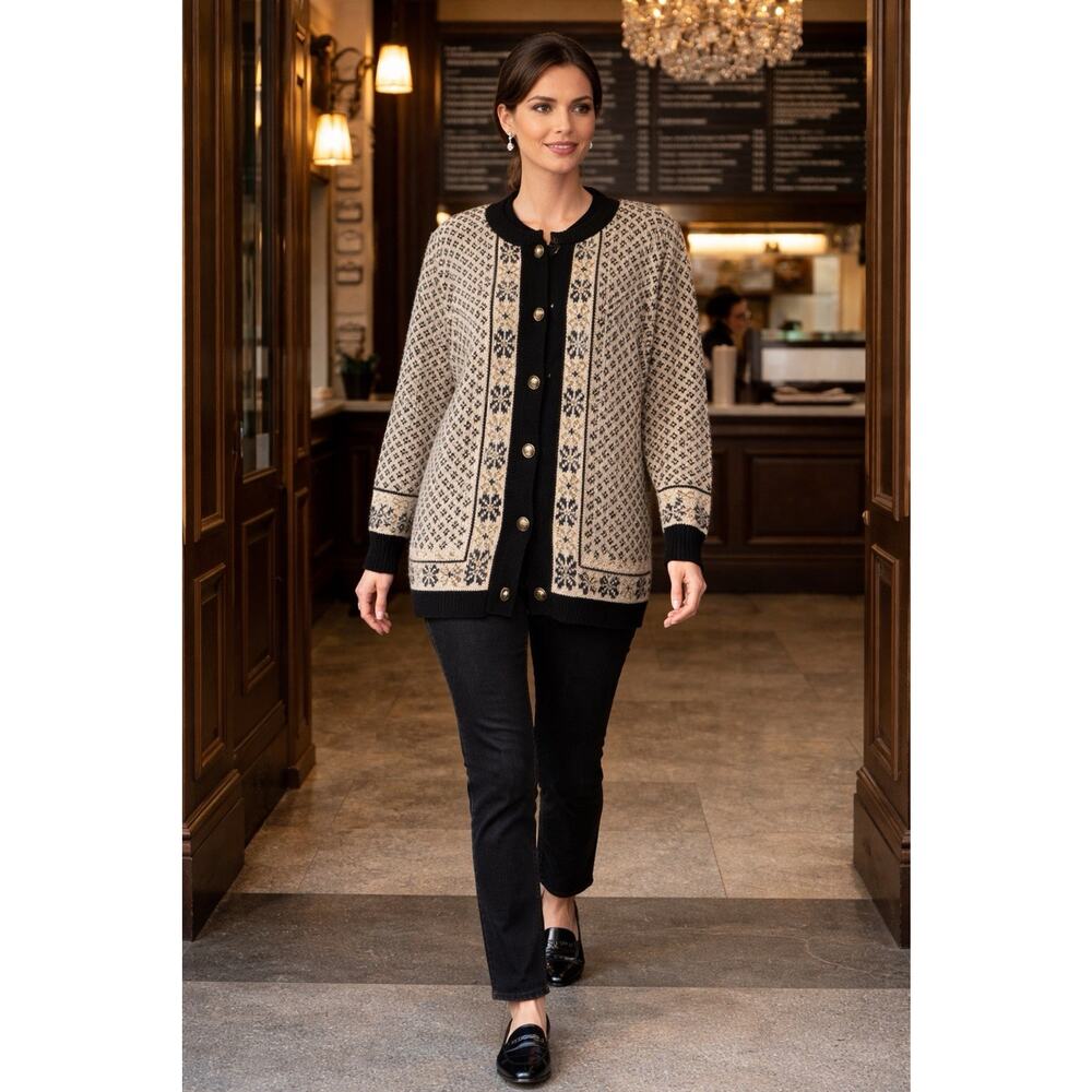 Vitabella Norway Wool Cardigan Sweater Black & White Nordic Snowflake Medium